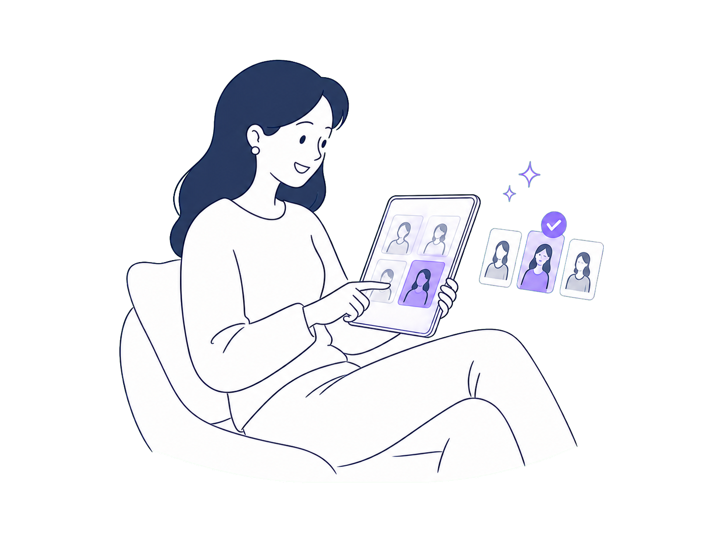 A client happily choosing photos on a tablet