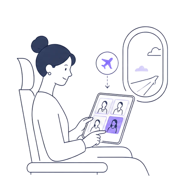 A client choosing photos on a tablet on a plane